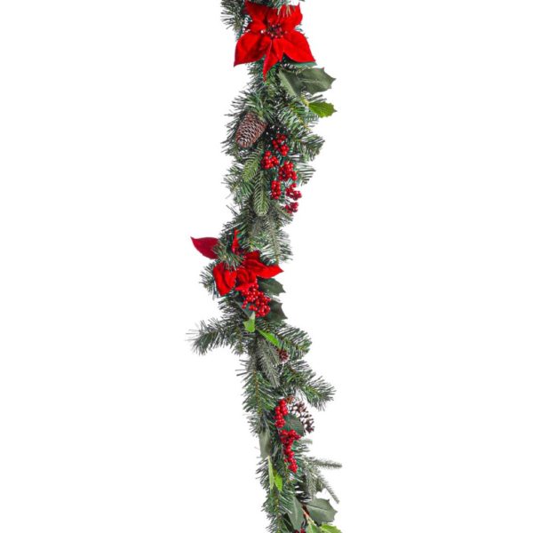 Pine Garland Poinsettia, Berries, Snowcap Pinecones