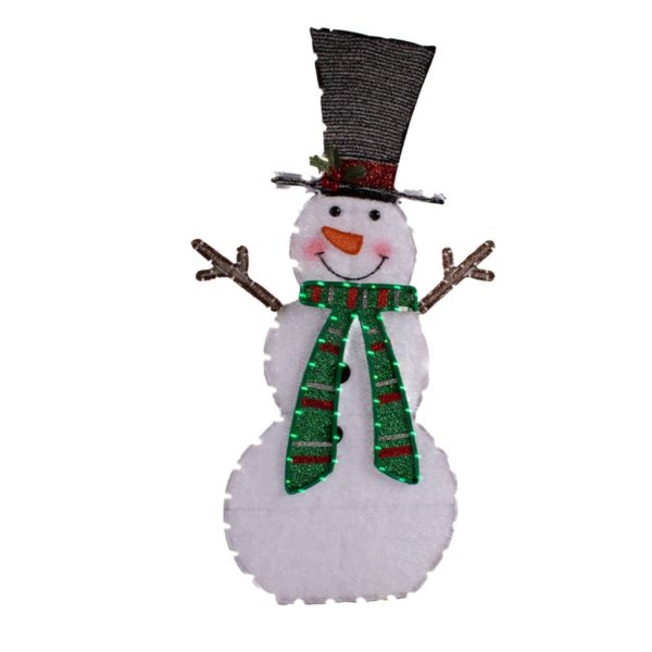 Lighted LED Snowman Top Hat Green Scarf